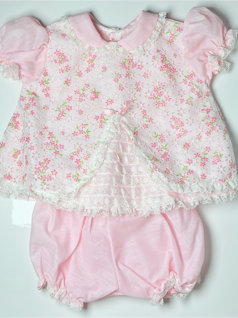 Vintage 80s 90s Pink Floral Lace Sheer Overlay Dress & Bloomer Matching Set